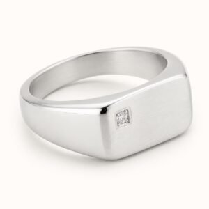Minimal Stainless Steel Signet Ring with CZ — product view