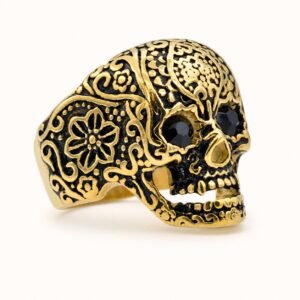 Gold-Tone Skull Ring with Black CZ Eyes — product view