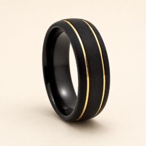 Men's Black & Gold Double-Stripe Tungsten Ring — product view