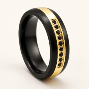 Black Tungsten Band with Gold Stripe & Black CZ — product view