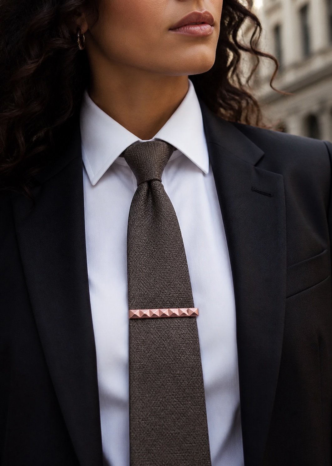 Chocolate Stainless Steel Pyramid Tie Clip — detail view Chocolate Stainless Steel Pyramid Tie Clip — detail view