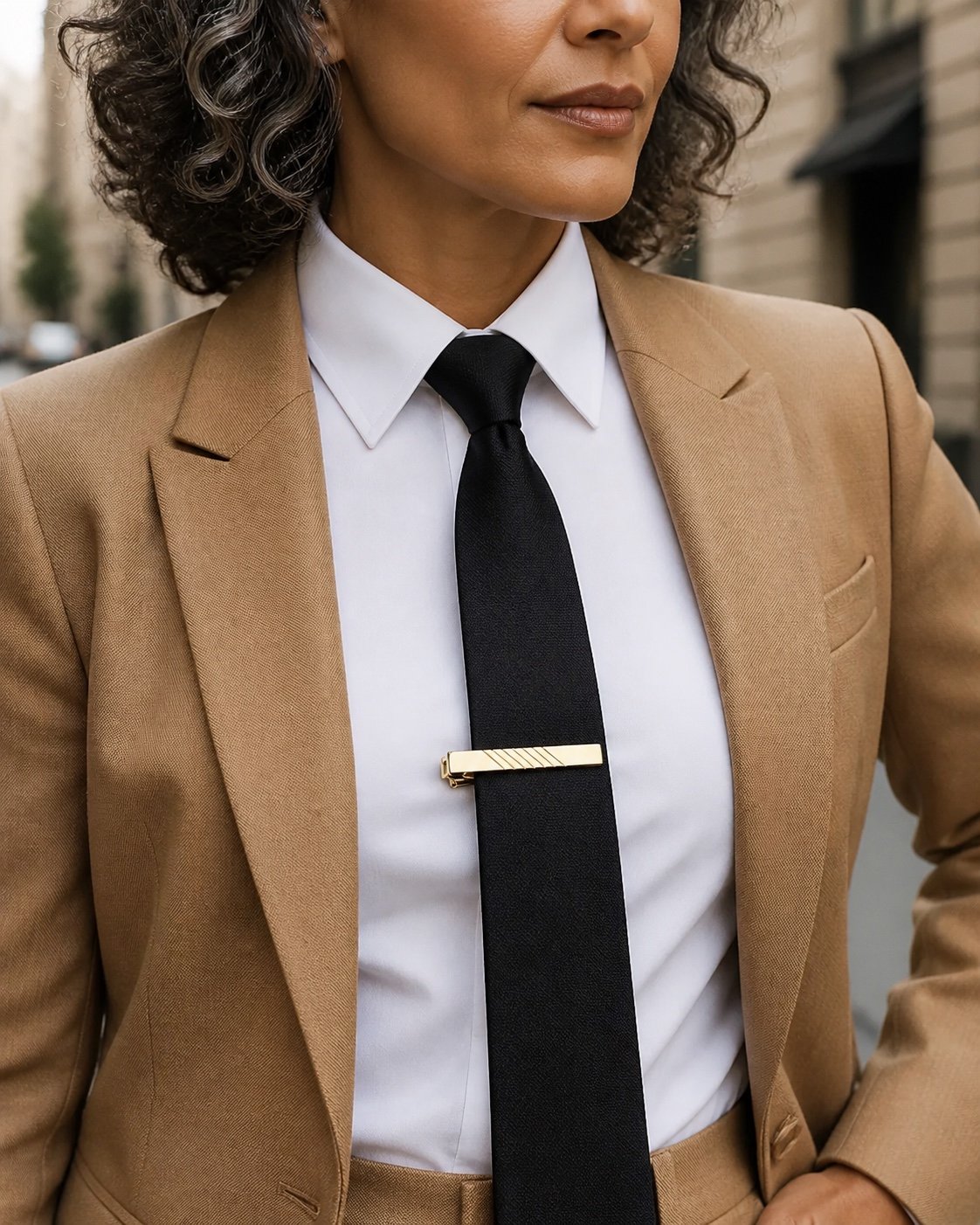 gold tone stainless steel tension tie clip — detail view Gold-Tone Stainless Steel Tension Tie Clip — detail view