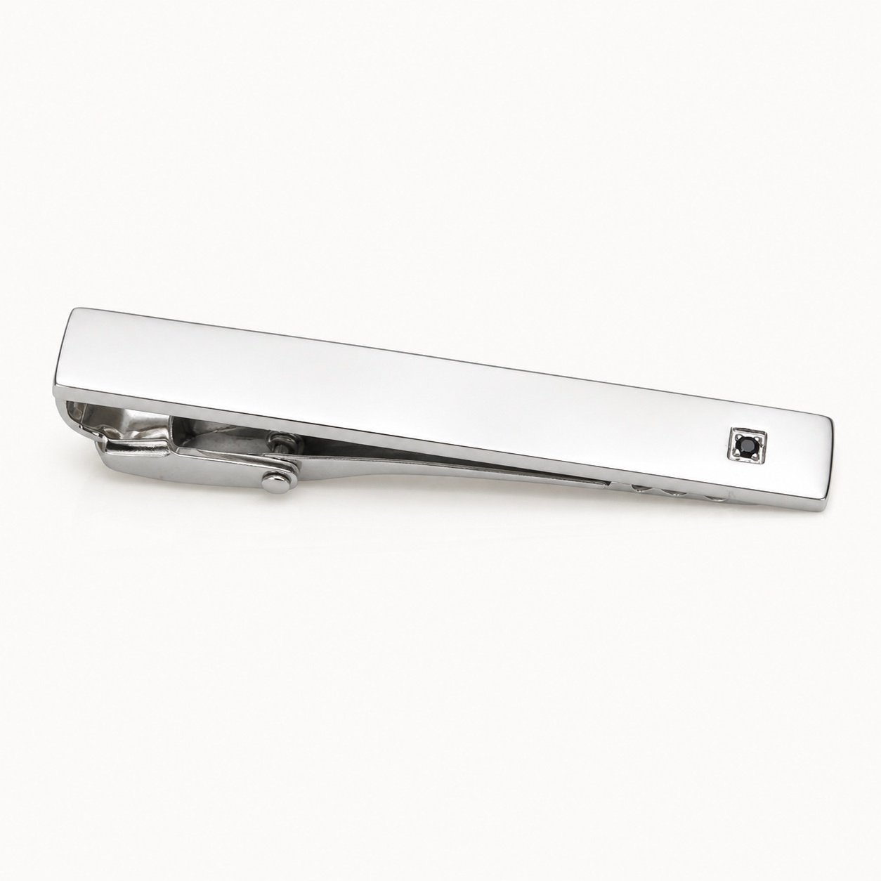 Polished Tie Clip with Black Cubic Zirconia — product view Polished Tie Clip with Black Cubic Zirconia — product view
