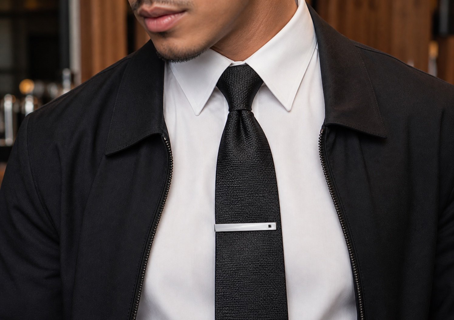 Polished Tie Clip with Black Cubic Zirconia — detail view Polished Tie Clip with Black Cubic Zirconia — detail view