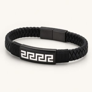 Black Greek-Key Leather Bracelet — packshot