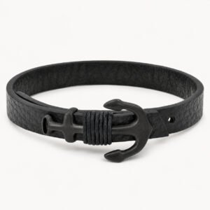 Black-on-Black Leather Anchor Wrap Bracelet — packshot