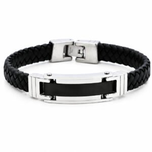 Black Leather & Steel Inlay Bracelet — packshot
