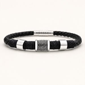 Black Leather Beaded-Cylinder Bracelet — packshot