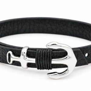 Black Leather Silver Anchor Wrap Bracelet — packshot