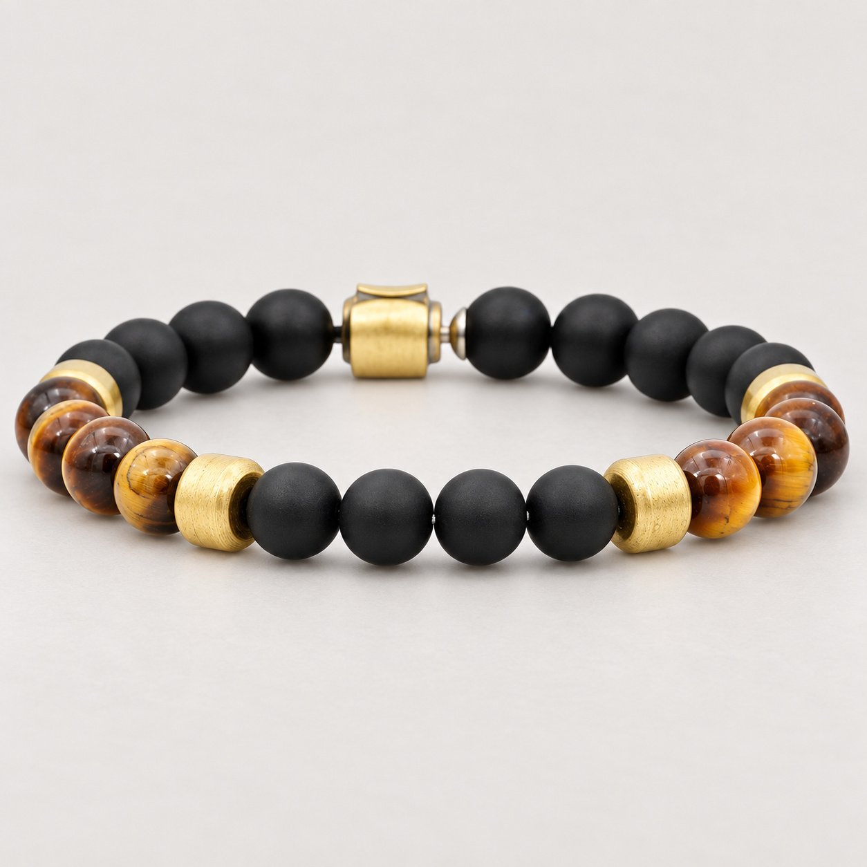 onyx & tiger eye gold tone beaded bracelet — product view Onyx & Tiger Eye Gold-Tone Beaded Bracelet — product view