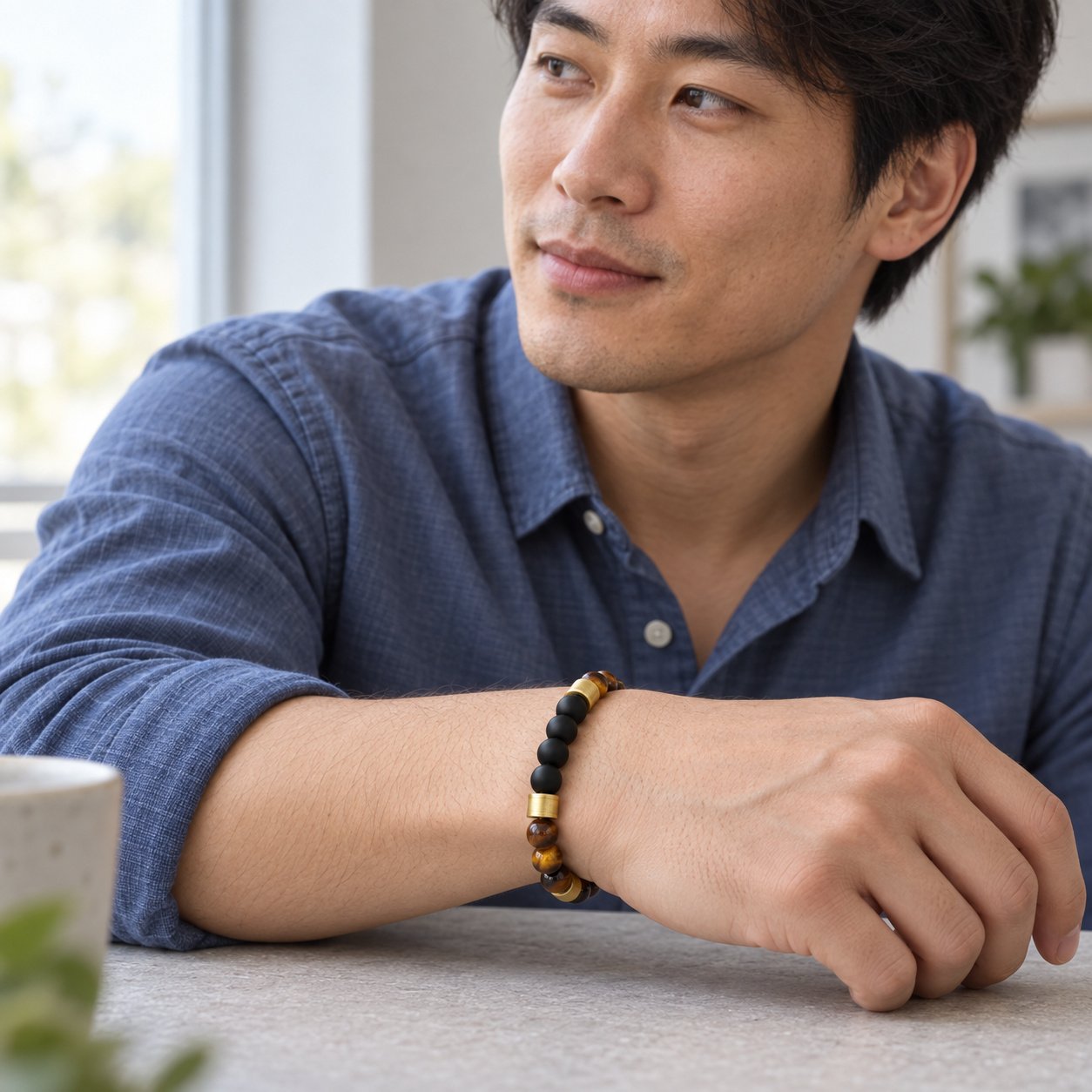 onyx & tiger eye gold tone beaded bracelet — medium lifestyle view Onyx & Tiger Eye Gold-Tone Beaded Bracelet — medium lifestyle view