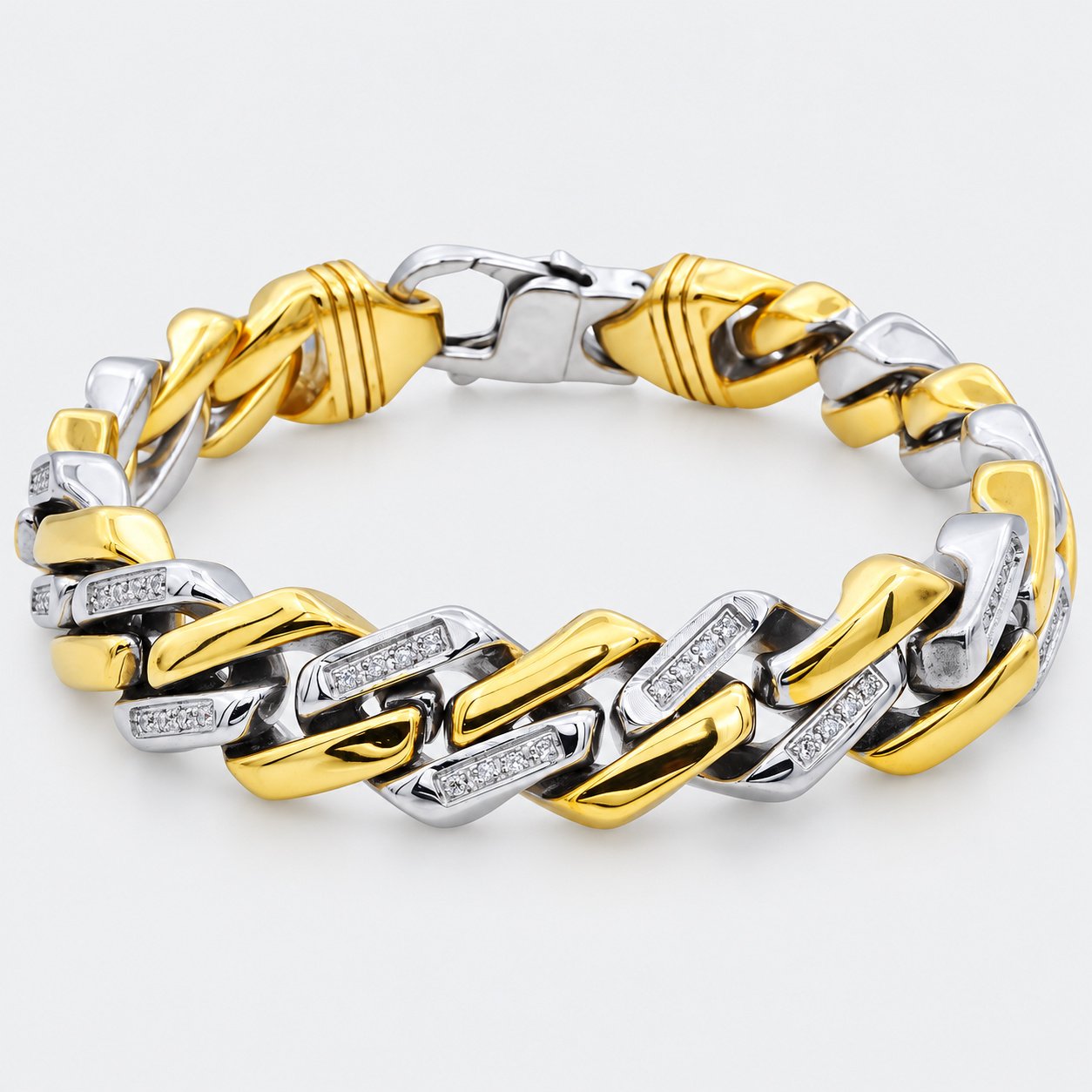 two tone gold & steel cz curb link bracelet — product view Two-Tone Gold & Steel CZ Curb-Link Bracelet — product view