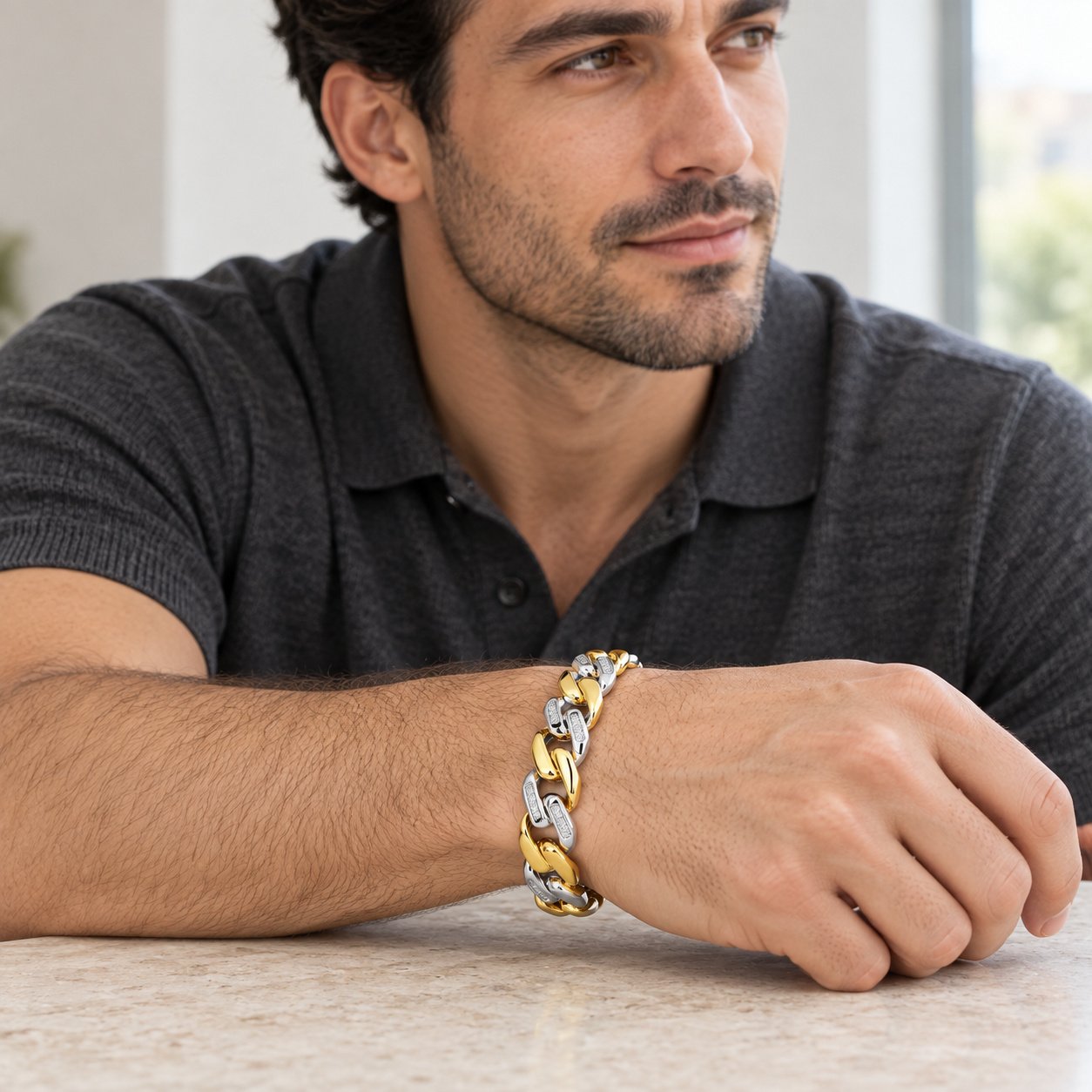 two tone gold & steel cz curb link bracelet — medium lifestyle view Two-Tone Gold & Steel CZ Curb-Link Bracelet — medium lifestyle view