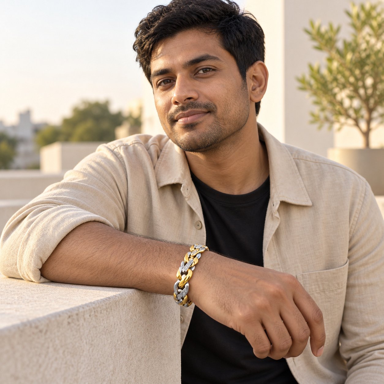 two tone gold & steel cz curb link bracelet — environmental medium wide view Two-Tone Gold & Steel CZ Curb-Link Bracelet — environmental medium-wide view