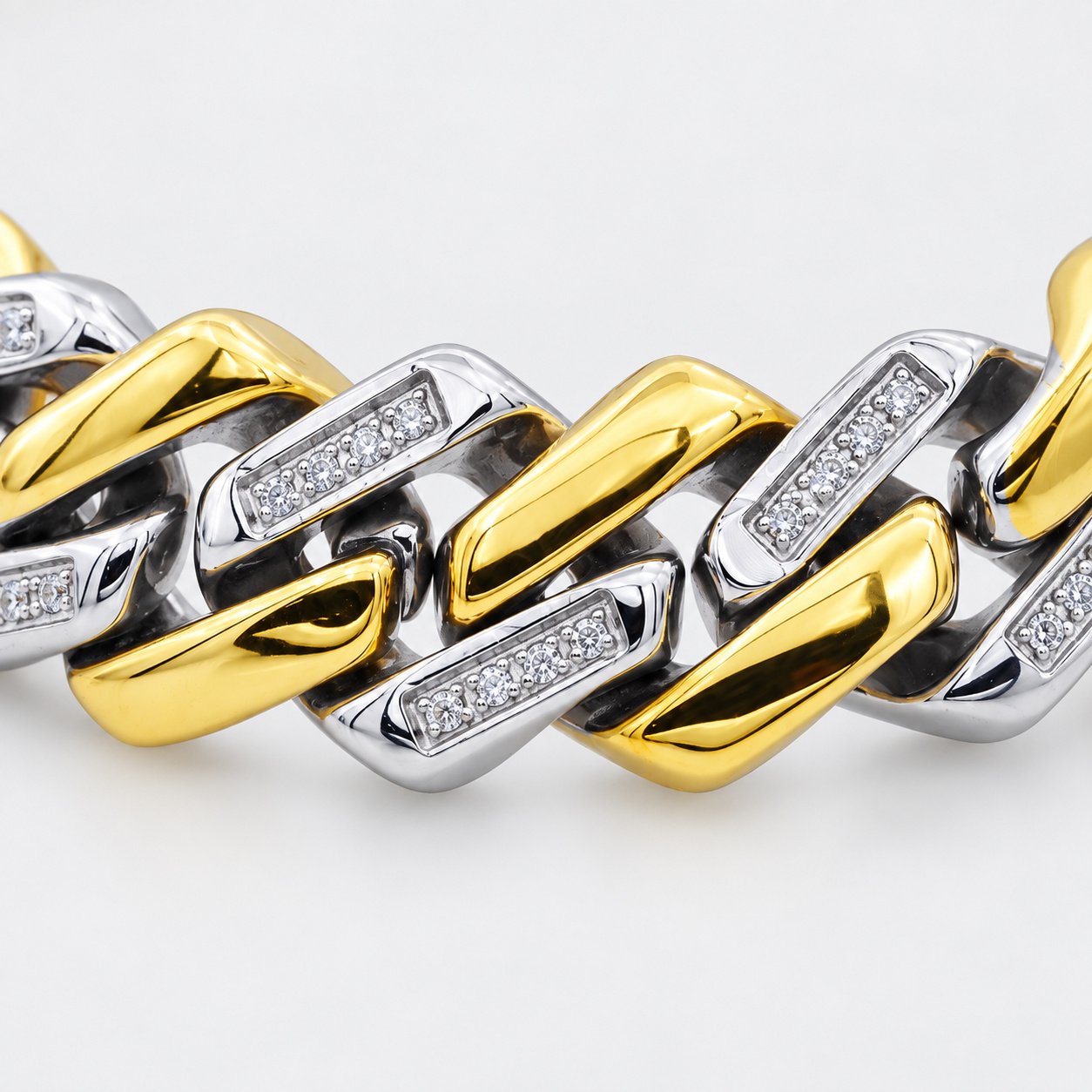 two tone gold & steel cz curb link bracelet — 05 link cz detail Two-Tone Gold & Steel CZ Curb-Link Bracelet — 05-link-cz-detail