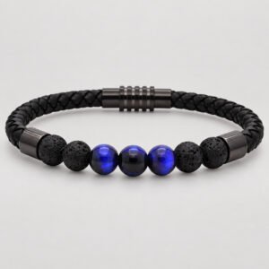 Blue Tiger Eye & Lava Bead Leather Bracelet — product view