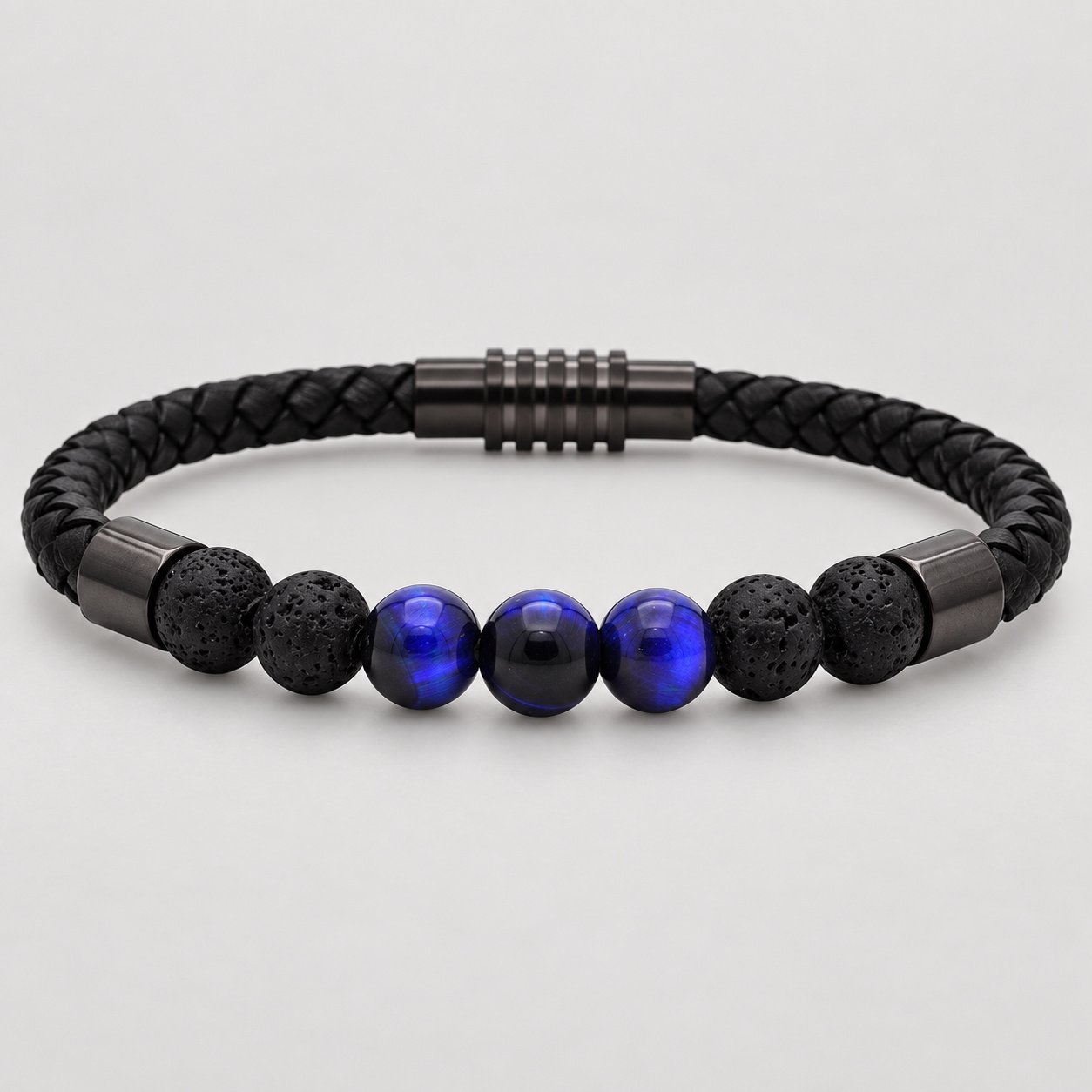 blue tiger eye & lava bead leather bracelet — product view Blue Tiger Eye & Lava Bead Leather Bracelet — product view