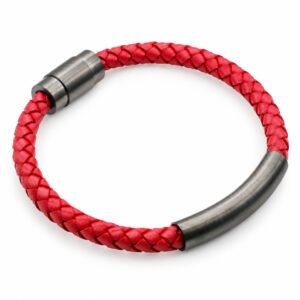 Red Leather & Gunmetal Bar Bracelet — product view