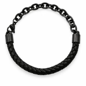 Black Braided Leather & Steel Chain Bracelet — product view