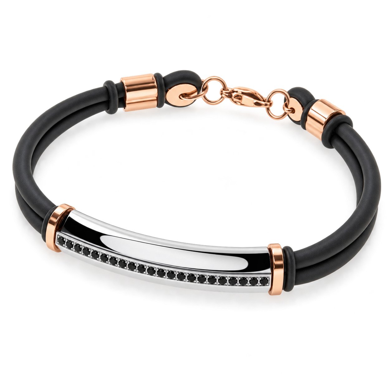 black silicone & rose gold tone cz bar bracelet — product view Black Silicone & Rose-Gold-Tone CZ Bar Bracelet — product view