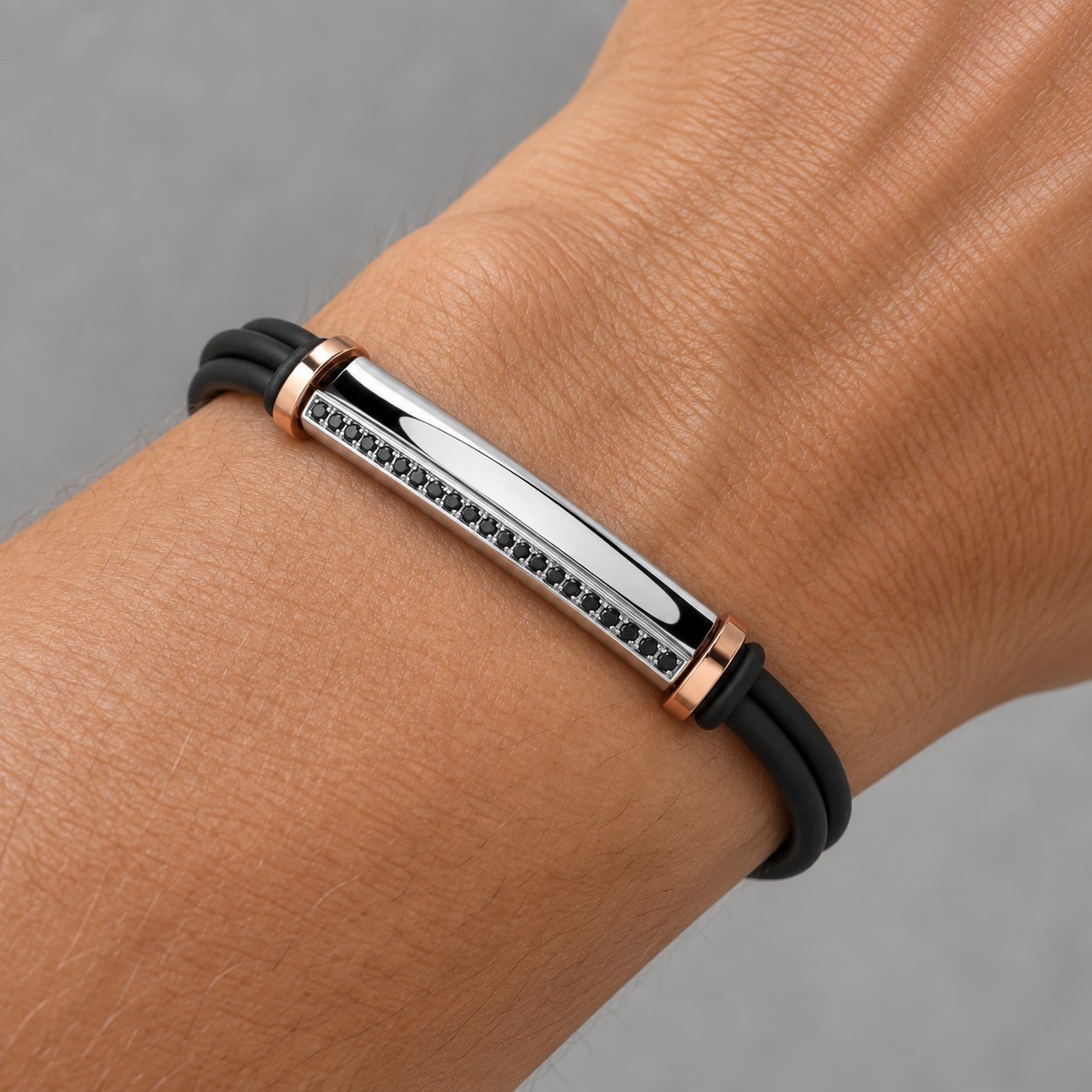 black silicone & rose gold tone cz bar bracelet — close worn view Black Silicone & Rose-Gold-Tone CZ Bar Bracelet — close worn view