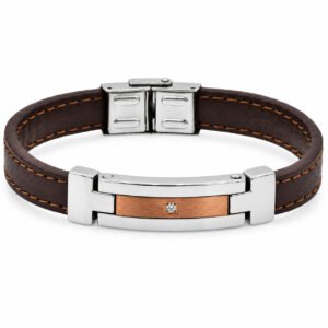 Brown Leather & Two-Tone Steel CZ Bracelet — product view