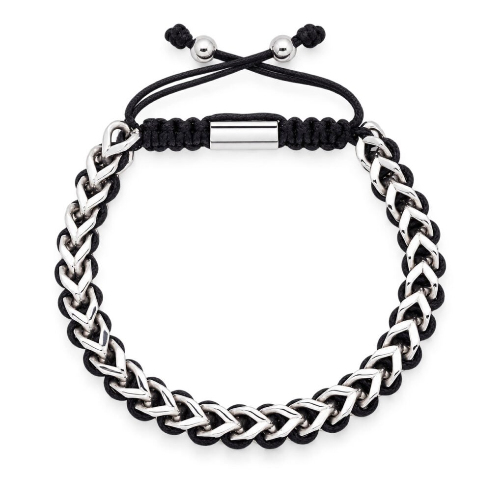 6mm Silver-Tone Franco-Link Black Drawstring Bracelet