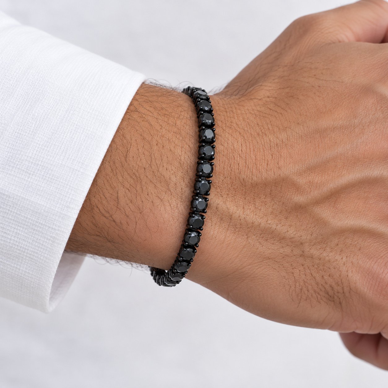 black cz tennis necklace & bracelet set — close worn view Black CZ Tennis Necklace & Bracelet Set — close worn view