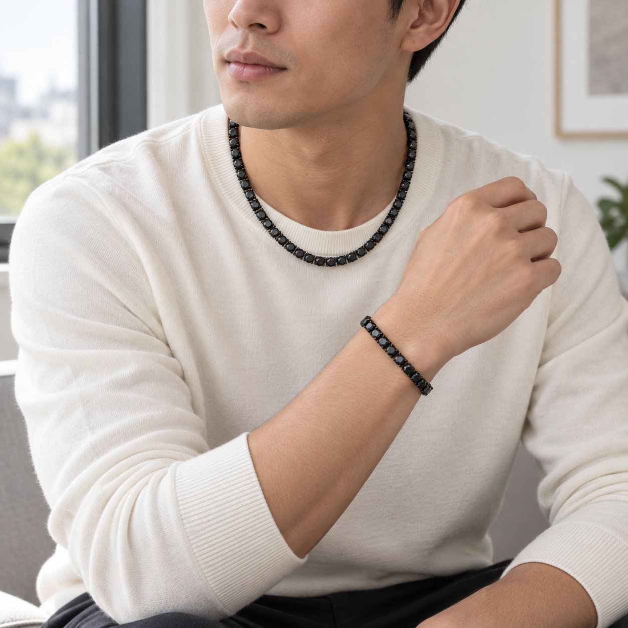 black cz tennis necklace & bracelet set — environmental medium wide view Black CZ Tennis Necklace & Bracelet Set — environmental medium-wide view
