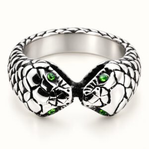 Green CZ Double-Snake Stainless Steel Ring — packshot