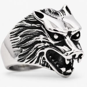 Antiqued Stainless Steel Wolf-Head Ring — packshot