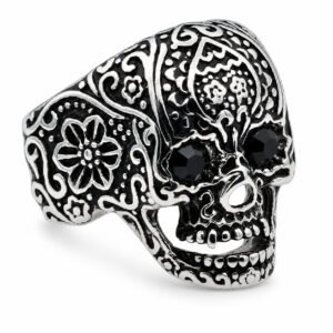 Ornate Skull Ring with Black CZ Eyes — product view