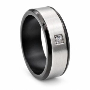 Brushed Steel Single-CZ Band with Black Edges — product view