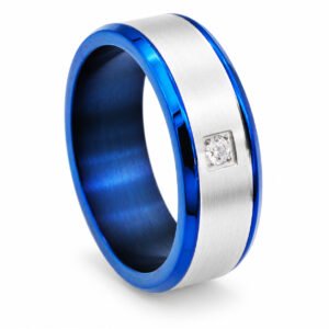 Brushed Steel Single-CZ Band with Blue Edges — product view